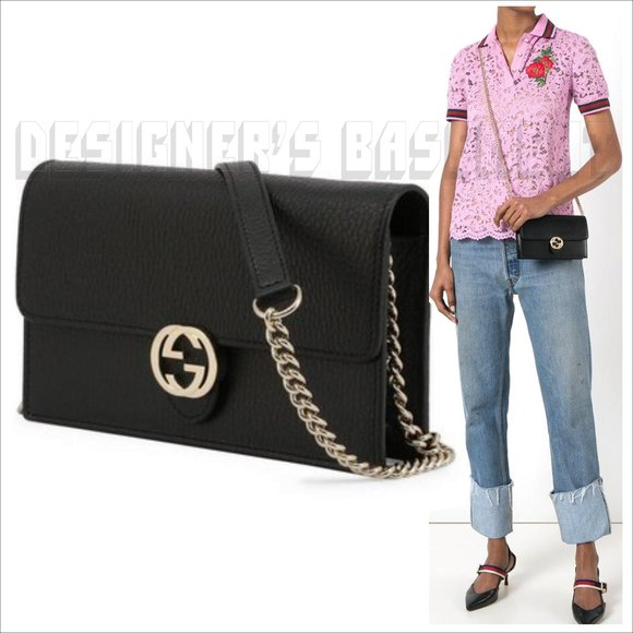 GUCCI Mini ICON black pebble leather INTERLOCKING G convertible Chain clutch Bag - Picture 1 of 10